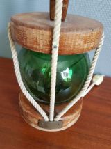 lampe vintage lanterne de pêcheur, globe verre, bois, corde