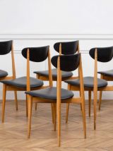 Série de 6 chaises vintage en chêne doré et skaÏ.