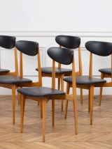 Série de 6 chaises vintage en chêne doré et skaÏ.