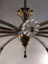 Lustre fleurs années 50 en verre, métal et laiton