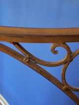 console demi-lune métal marron et plateau en verre vintage