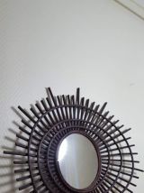 grand miroir en rotin vintage foncé forme ORTF des années 60