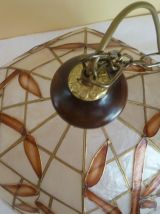 Grande suspension nacre laiton et bois vintage