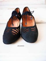 Escarpins cuir ajouré suédine noire vintage 30's