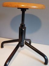 tabouret d'atelier en bois verni et structure métal noir 