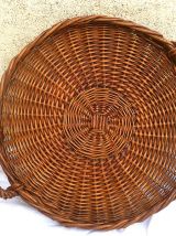 plateau de service rond en osier tressé, vintage