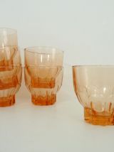 Lot de 6 verres anciens, verre pressé rose, apéritif 
