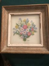 Peinture florale sur verre, signée Decbel, Vintage Années 50