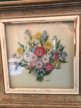 Peinture florale sur verre, signée Decbel, Vintage Années 50