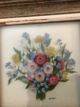 Peinture florale sur verre, signée Decbel, Vintage Années 50