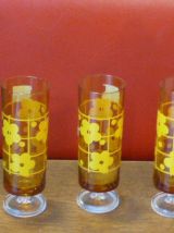 4 flutes en verre jaune, fleurs de lotus vintage 1970