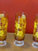 4 flutes en verre jaune, fleurs de lotus vintage 1970