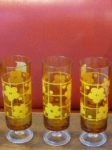 4 flutes en verre jaune, fleurs de lotus vintage 1970