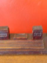 Double encrier, porte stylos et buvard bois ancien art deco