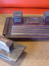 Double encrier, porte stylos et buvard bois ancien art deco