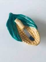 Ensemble beurrier et couteau épi de maïs, céramique barbotin