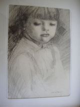 Tableau - Portrait de fillette signé Messina. Dessin.