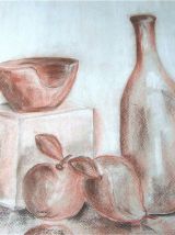 Tableau Nature morte fruits et bouteille