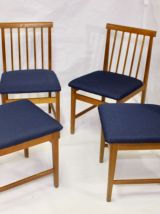 Set de 4 chaises scandinave année 50 restaurées tissu bleu f