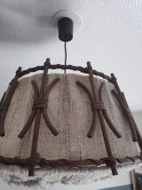 suspension en rotin et toile de lin des années 70