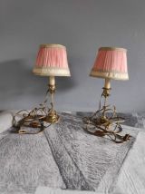paire de lampes bougeoir en laiton et abat-jour d'époque 