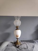lampe ancienne, pied céramique blanche avec fleurs et laiton
