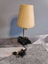 lampe pied en céramique noire et abat-jour en tissu jaune 