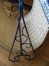 Porte-revues Vintage fer forgé bleu, osier et céramique