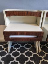 chevets vintage en tek et laminé blanc avec tablette  verre