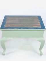 Table basse pieds galbés en bois massif verte bleue grise