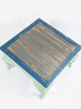 Table basse pieds galbés en bois massif verte bleue grise