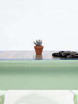 Table basse pieds galbés en bois massif verte bleue grise