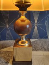 lampe à poser vintage, pied bois et laiton, abat-jour tissu