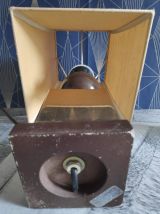 lampe à poser vintage, pied bois et laiton, abat-jour tissu