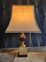 lampe à poser vintage, pied bois et laiton, abat-jour tissu