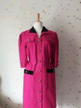 80s robe laine fuschia velours noir S/M