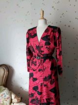 80s ensemble blouse jupe soie rouge noir L