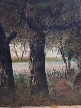 Peinture à l'huile foret lacustre, école française
