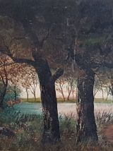 Peinture à l'huile foret lacustre, école française