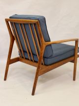 Fauteuil scandinave 1960 structure teck tissu chevron.