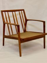 Fauteuil scandinave 1960 structure teck tissu chevron.