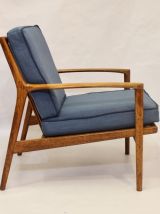 Fauteuil scandinave 1960 structure teck tissu chevron.