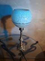 lampe bronze art deco  1930  globe clichy  bleu moucheter bl