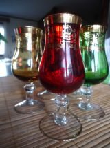 5 verres digestif à pied couleurs gravés dorés 1970