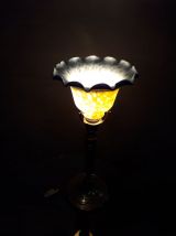 grande lampe  laiton  tulipe pate de verre jaune et bleu 18x