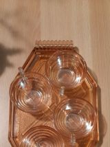 Plateau et tasses gondolo verre rose depressif, 