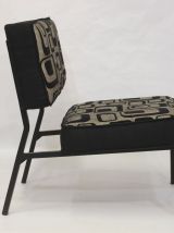 Fauteuil bas chauffeuse vintage année 70 tissu jacquard.