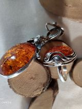Superbes pendentif &amp; bague Ambre &amp; argent 925 décor feuilles