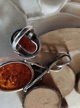 Superbes pendentif &amp; bague Ambre &amp; argent 925 décor feuilles
