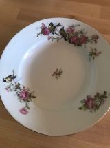 Assiettes creuses en porcelaine décor mésanges et roses